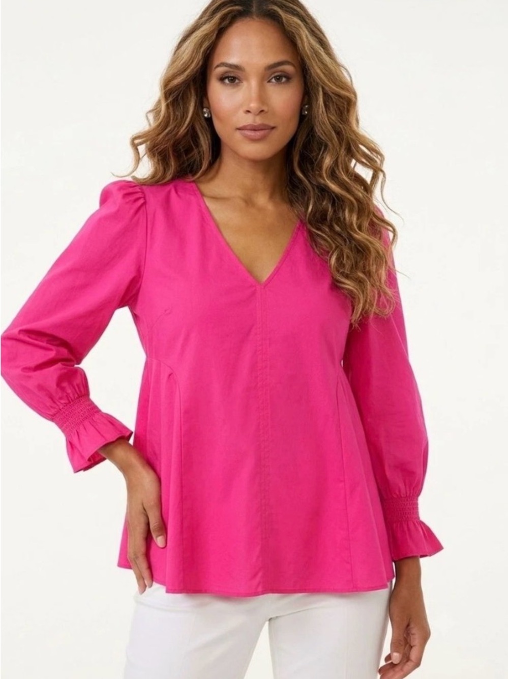 Pomander Place Hot Pink V-Neck Peplum Blouse